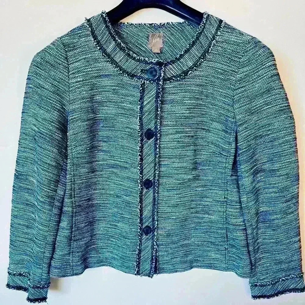 J. Jill Women's Tweed Fringe Button Front Jacket Pockets